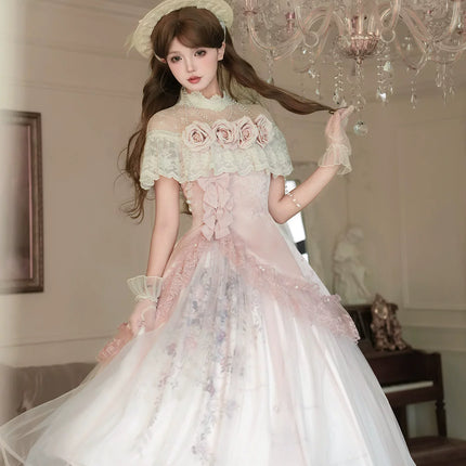 Vintage - inspired Pink Tea - length gown with Floral Lace and Tulle Layers, set for spring and summer
