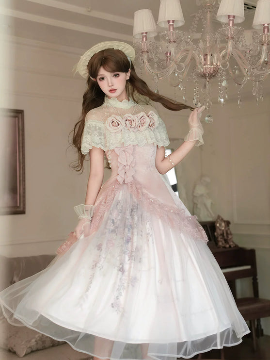 Vintage - inspired Pink Tea - length gown with Floral Lace and Tulle Layers, set for spring and summer