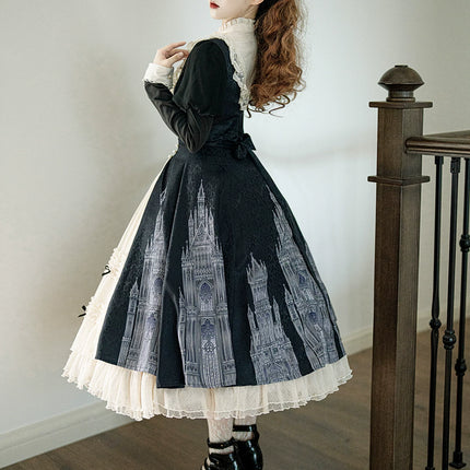 Gothic - inspired Lolita Dress with Cathedral Prints, Lace Trims and Delicate Bow