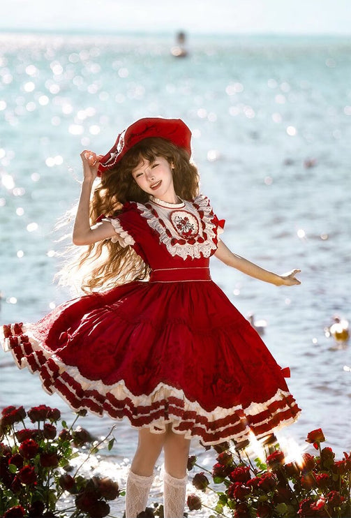 Elegant Country Style Red Lolita OP with Whimsical Embroidery and Ruffled Trims