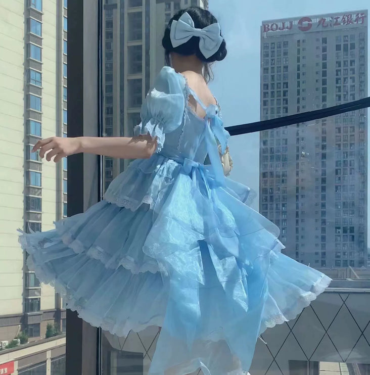 Elegant White Lolita Dress with Ruffled Skirt and Sheer Stockings