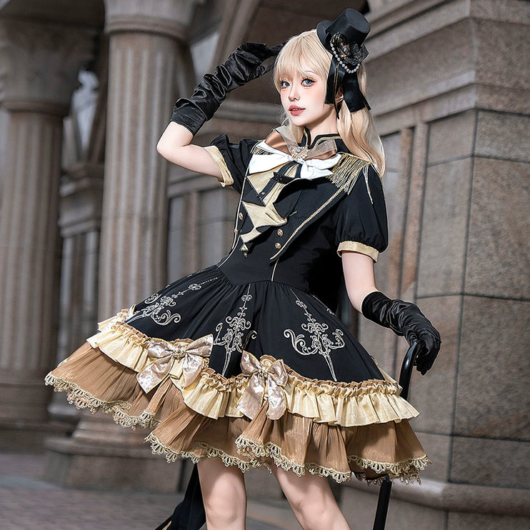 Steampunk - inspired Lolita Dress with Georgette Skirt, Elegant Bow - ties and Intricate Embroidery