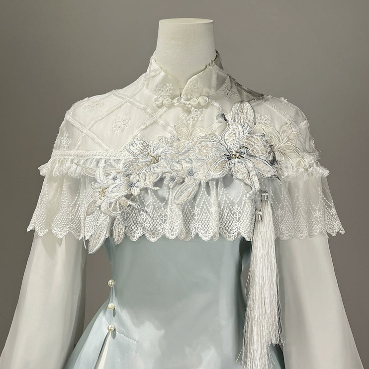Light - blue Traditional Chinese - style Dress with Delicate Floral Embroidery and Sheer Sleeves