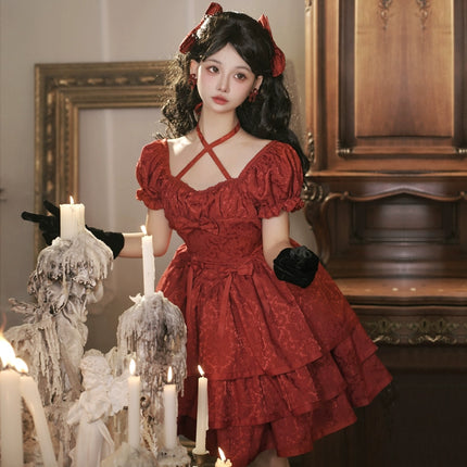 Thorn Rose Lolita Dress Short Sleeve OP Triple-Layer Puffy Skirt Red Lolita Dress