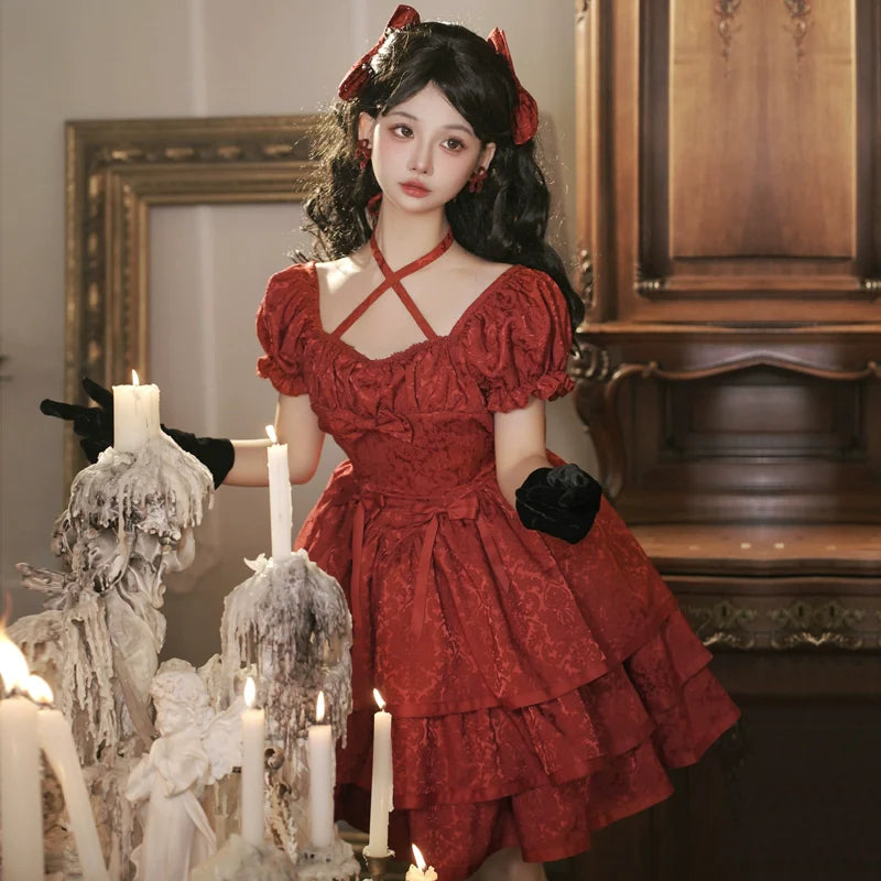 Thorn Rose Gothic Red Triple-Layer Lolita Dress Short Sleeve OP