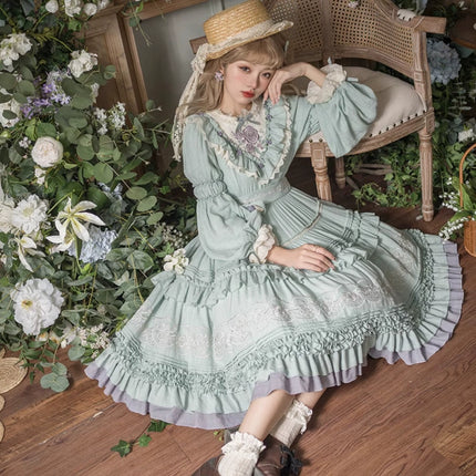 L-4XL Vintage Victorian Charm Lolita OP Dress – Elegant Ruffled Embroidery in Lavender-Gray