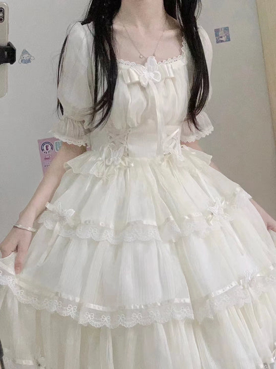 S-2XL Elegant Creamy White Lolita Dress with Lace and Ruffles - Perfect for Summer Outings and Garden Parties