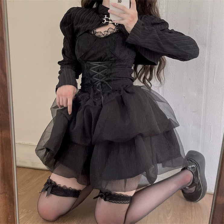 Black Gothic Lolita Dress with Corset Front, Puffy Sleeves & Tulle Layers for Girly Charm
