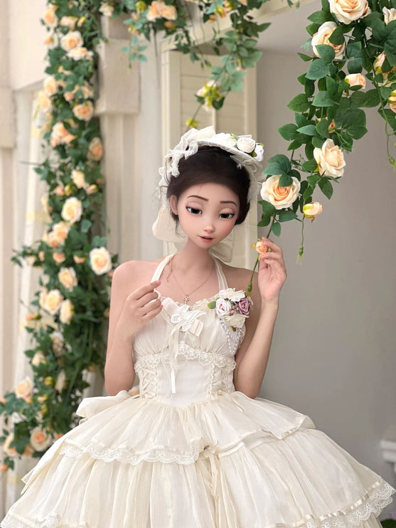 Elegant White Lolita Dress with Ruffled Skirt and Sheer Stockings