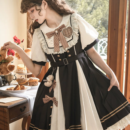 Cocoa Charm Lolita Dress - Elegant Short Sleeve OP with Striped Bow and Teddy Accent