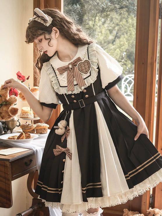 Cocoa Charm Lolita Dress - Elegant Short Sleeve OP with Striped Bow and Teddy Accent