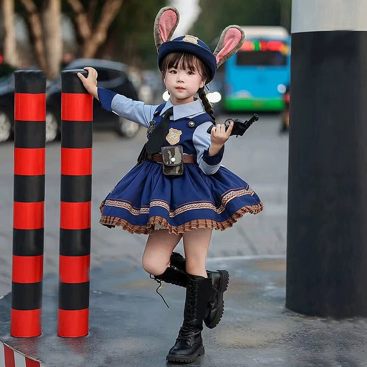 Rabbit Police Officer Lolita Dress for Girls - Navy Blue Whimsical Princess Costume