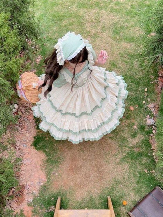 Sage Blossom Lolita Dress - Cottagecore Ruffled OP with Pastel Green Accents