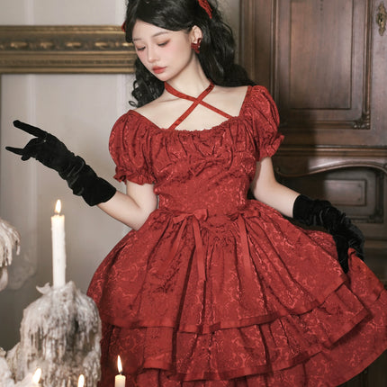 Thorn Rose Lolita Dress Short Sleeve OP Triple-Layer Puffy Skirt Red Lolita Dress