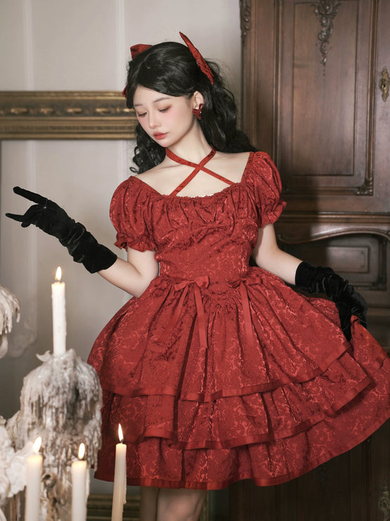 Thorn Rose Lolita Dress Short Sleeve OP Triple-Layer Puffy Skirt Red Lolita Dress