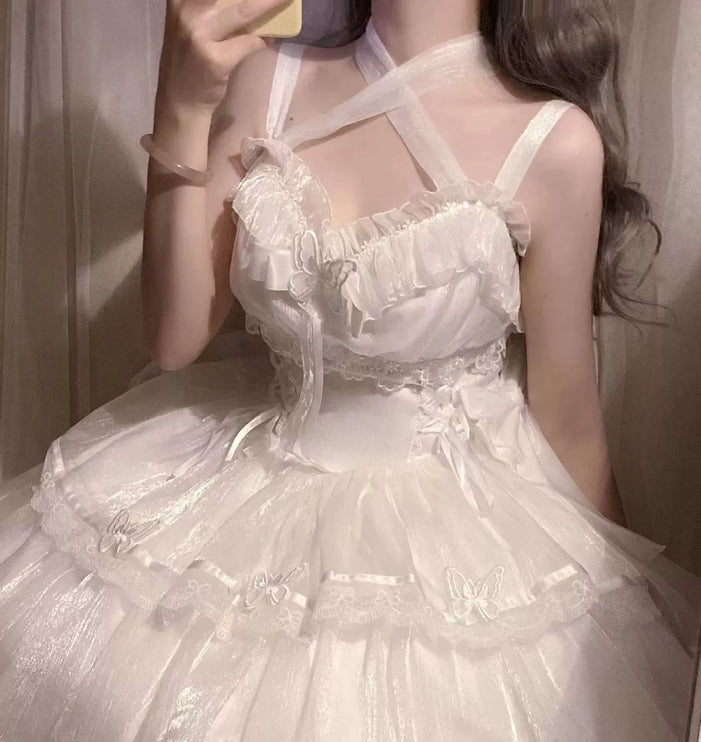 Elegant White Lolita Dress with Ruffled Skirt and Sheer Stockings