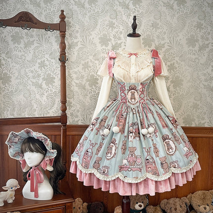 Enchanting Pastel Green Animal Illustration Lolita Jumper Skirt (JSK) Dress