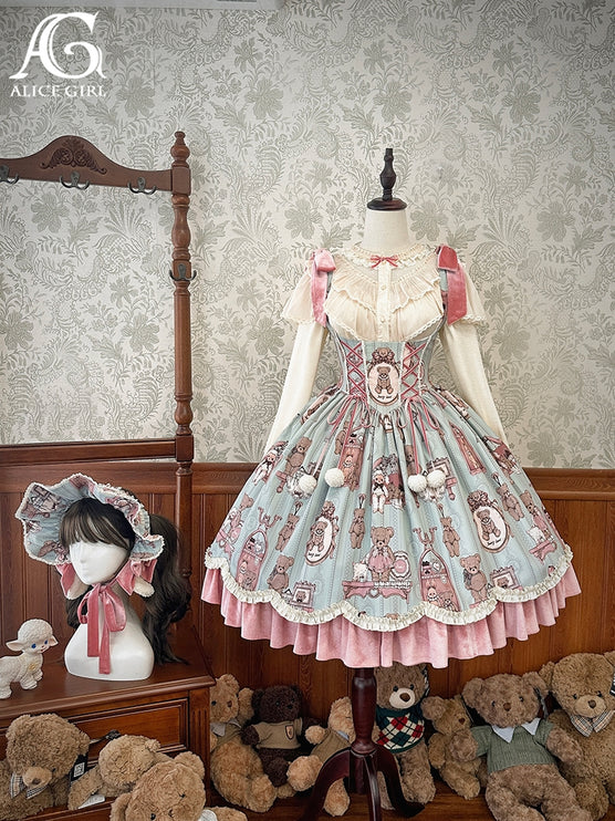 Enchanting Pastel Green Animal Illustration Lolita Jumper Skirt (JSK) Dress