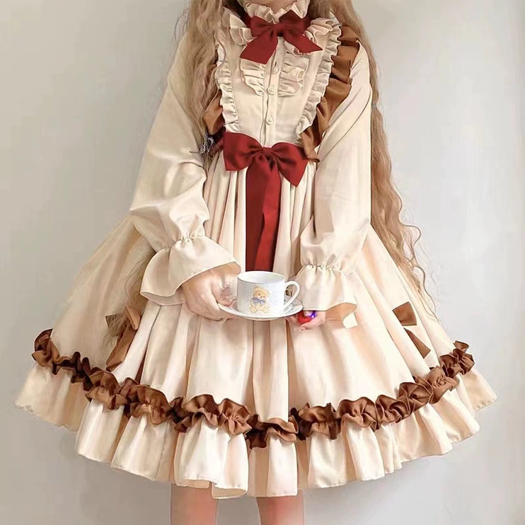 Tea Rose Charm Lolita Dress - Classic Long Sleeve OP with Ruffles and Velvet Bows