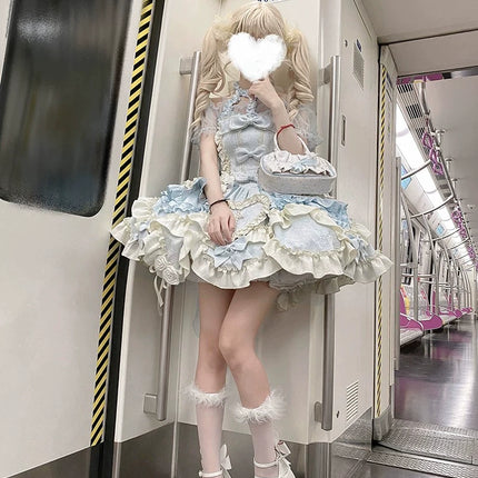 Gothic Heart of Pearls Lolita Dress - Pastel Princess JSK with Layered Ruffles and Cross Embellishments