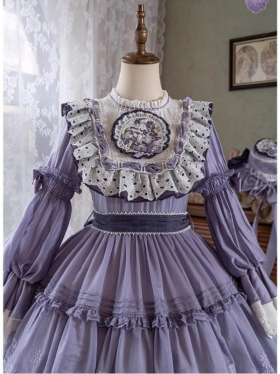 Elegant Lavender Lolita OP Dress with Lace and Ruffled Trims