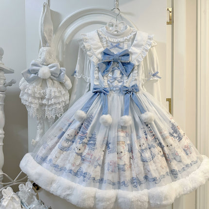 Lolita Dress with Adorable Bear Prints, Blue - toned Ribbons and Fluffy Trim, Comes with Matching Headpiece