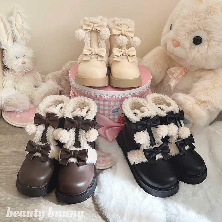 Fluffy - trimmed Ankle Boots with Adorable Bows, Ultra - cozy & Stylish