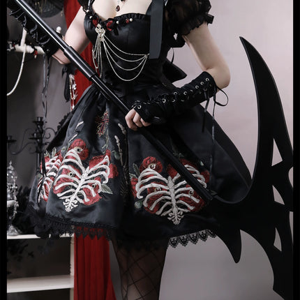 S-XL Skeleton Fishbone Skirt JSK Embroidered Beaded Dark Mysterious Dress Lolita Gown