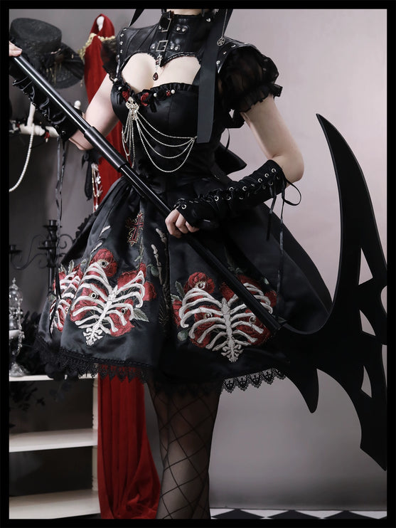 S-XL Skeleton Fishbone Skirt JSK Embroidered Beaded Dark Mysterious Dress Lolita Gown