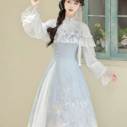 Light - blue Traditional Chinese - style Dress with Delicate Floral Embroidery and Sheer Sleeves