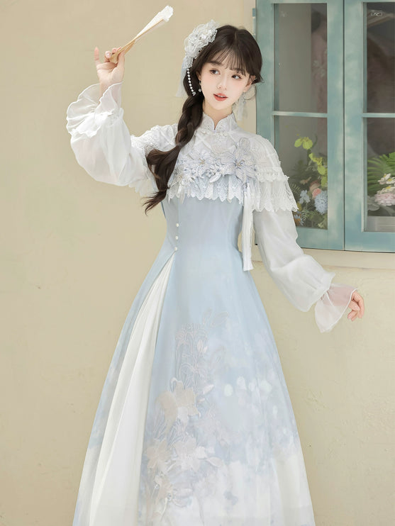 Light - blue Traditional Chinese - style Dress with Delicate Floral Embroidery and Sheer Sleeves