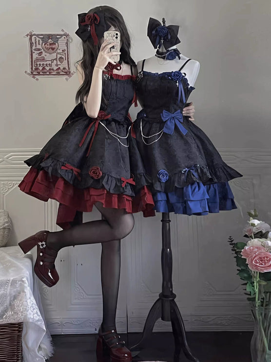 Gothic Rose Witch Lolita Dress - Dark Elegance JSK with Chain and Velvet Bow Accents