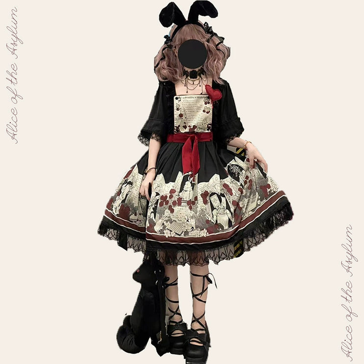 Dark Wonderland Asylum Lolita Dress - Gothic OP with Velvet Ribbon and Eerie Storybook Print