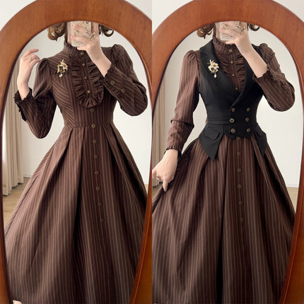 Long - striped dress with a tailored waistcoat, vintage charm in every stitch