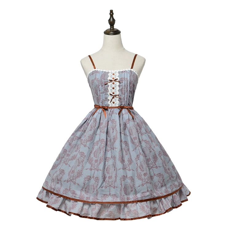 Floral Elegance Lace-Up Lolita JSK Sundress – Romantic Tiered Dress in Sage Green, Lavender, and Charcoal