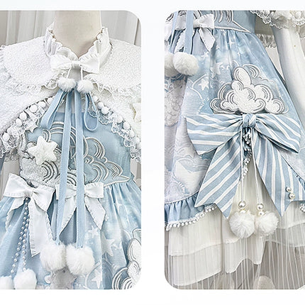 Lolita Dress with Fluffy Ears Headband - Sweet Pastel Blue and White Princess - Style Cosplay Costume