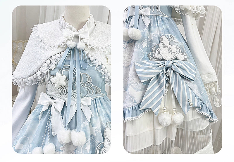 Lolita Dress with Fluffy Ears Headband - Sweet Pastel Blue and White Princess - Style Cosplay Costume
