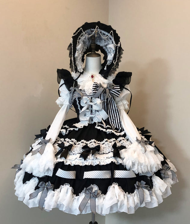 Gothic Aristocrat Lolita Dress - Victorian Black and White Ruffled Doll OP with Cape and Bonnet