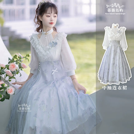 Lolita Fairy Dress! Lace Puff Sleeves + Light Blue Floral Maxi Skirt, Spring Garden Date Outfit