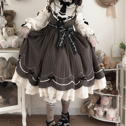 Aristocratic Elegance Lolita Dress - Pinstripe OP with Ribbon Belt and Lace Accents
