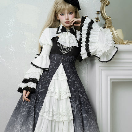 Gothic Victorian Lolita Set – High-Neck Lace Blouse & Gradient Layered JSK with Embroidered Bodice and Ruffled Sleeves