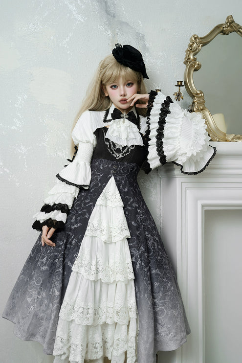 Gothic Victorian Lolita Set – High-Neck Lace Blouse & Gradient Layered JSK with Embroidered Bodice and Ruffled Sleeves