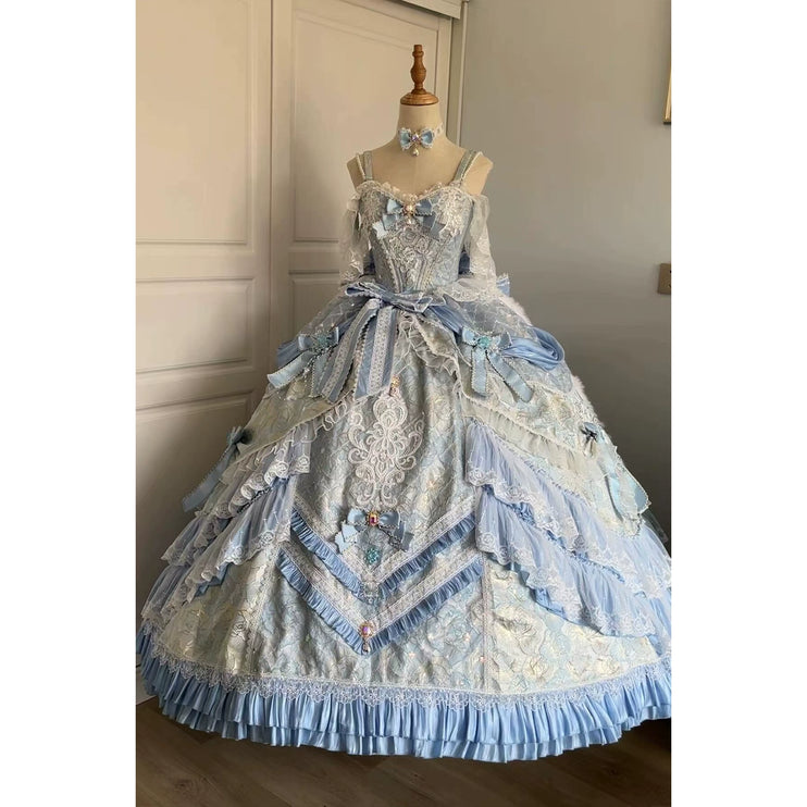 Dreamy Light - Blue Lolita Grand Ball Gown with Intricate Lace and Elegant Bow Decorations