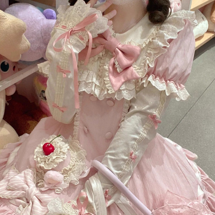 Vintage-Inspired Pink Tiered OP Lolita Dress with Striped Bows