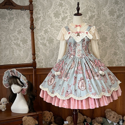 Enchanting Pastel Green Animal Illustration Lolita Jumper Skirt (JSK) Dress