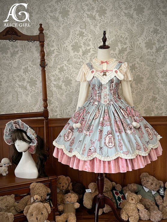 Enchanting Pastel Green Animal Illustration Lolita Jumper Skirt (JSK) Dress
