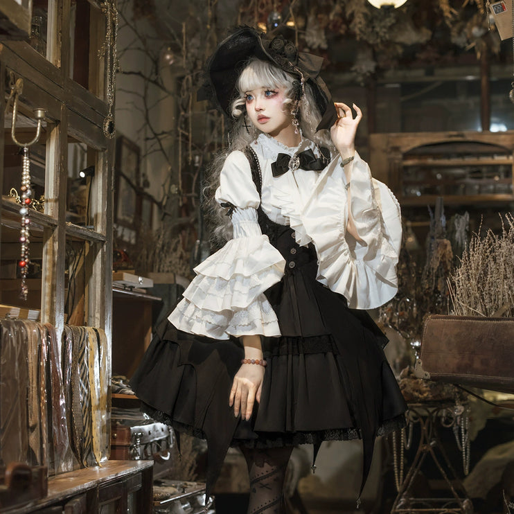 Gothic Sorceress Lolita Set - Witch-Inspired Suspender Dress with Ruffled Blouse and Enchanted Hat