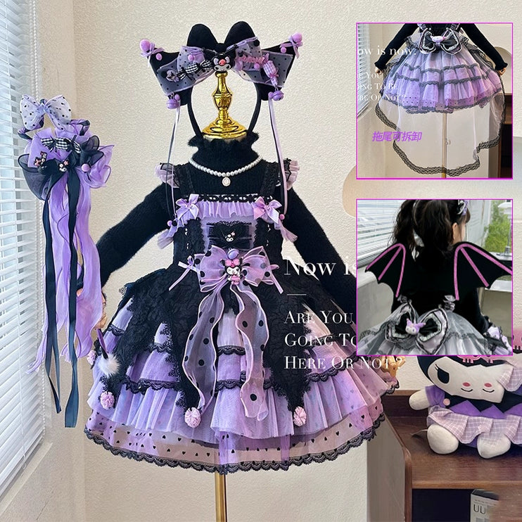 Elegant Black and Purple Lolita Dress for Girls - Intricate Lace and Ruffled Skirt