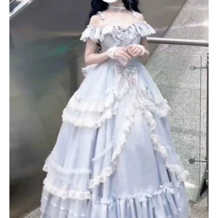 Elegant Light - Blue Off - the - Shoulder Lolita Dress: Ruffled and Bow - adorned
