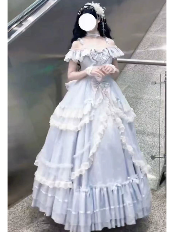 Elegant Light - Blue Off - the - Shoulder Lolita Dress: Ruffled and Bow - adorned